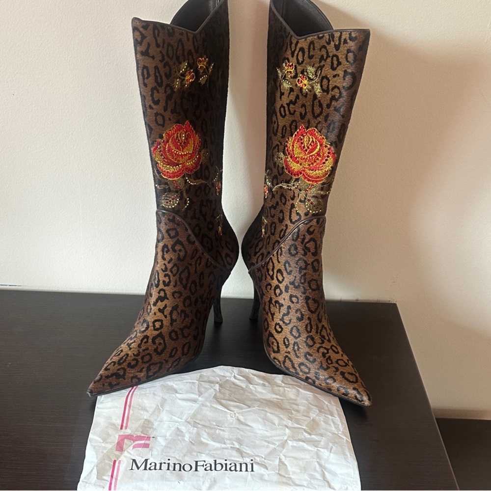 New MARINO FABIANY Embroidered Leather Boots Leopard Print Size 36 US 6